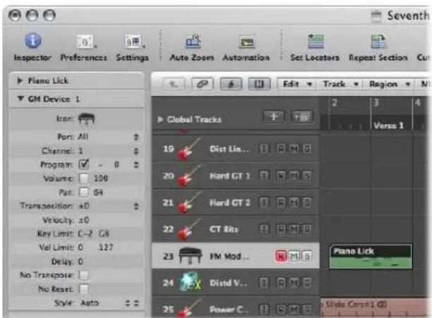 Inspector Preferences Settings Auto Zoom Automation Set Locators Repeat Section Cut Plano Lick Edit Track Region N GM Device 1 Icon: Port: All Channel: 1 Program: - 0 Volume: 100 Part: 64 Transposition: +0 Velocity: ±0 Key Limit: C-2 G8 Val Limit: 0 127 Delay: 0 No Transport: No Reset: Style: Auto Global Tracks Dist Lin... Hard GT 1 Hard GT 2 CT Bits FM Mod... Piano Lick Distd V... Power C... Slide Caps=1