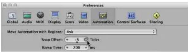 Preferences Global Audio MIDI Display Score Video Automation Control Surfaces Sharing Move Automation with Regins: Ask Snap Offset: -5 Ticks Ramp Time: 200 ms