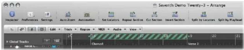 Seventh Demo Twenty-3 - Arrange Inspector Preferences Settings Auto Zoom Automation Set Locators Repeat Section Cut Section Insert Section Split by Locators Split by Playhead Edit Track Region MIDI Audio View Global Tracks Chorus1 Verse 2