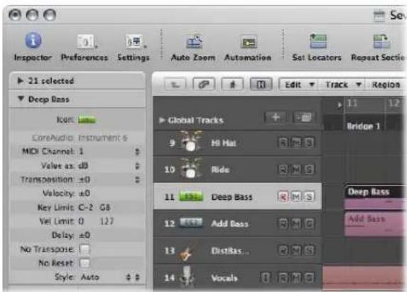 Inspector Preferences Settings Auto Zoom Automation Set Locators Repeat Section 21 selected Deep Bass Icon CoreAudio Instrument 6 MIDI Channel: 1 $ Value as dB $ Transposition: ±0 $ Velocity: ±0 Key Limits: C-2 G8 Vel Limit: 0 127 Delay: ±0 No Transpose: No Reset Style: Auto $