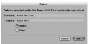 Delete Delete recorded audio file from disk? Can't undo this operation! Filename: Audio 1#01.mov Region: Audio 1#01 Delete Keep Cancel OK