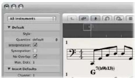 All Instruments Default Style: Quantize: default Interpretation: ✓ Syncopeation: No Overlap: ✓ Max. Dots: 1 Insert Defaults Channel: 1 G^(b9b13)