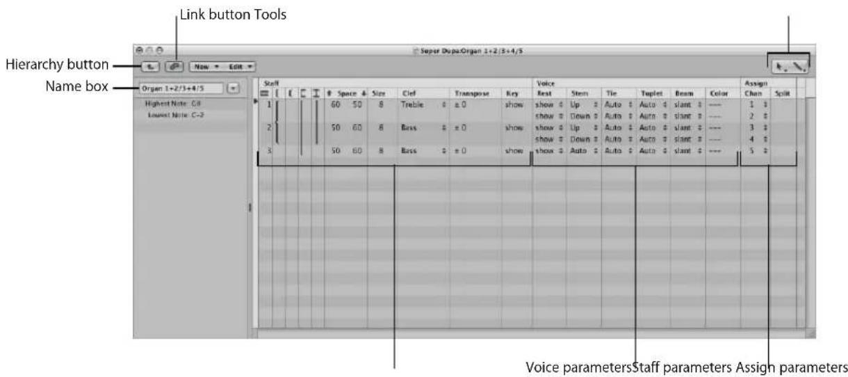 Link button Tools Hierarchy button Name box Organ 1+2/3+4/5 Highest Note: C8 Lowest Note: C-2 Staff I I I I I I I I I I I I I I I I I I I I I I I I I I I I I I I I I I I I I I I I 9 Space & Size Cief Transpose Key Voice Assign Rest Stent Tie Taplet Beam Color Chan Split 1 60 50 8 Treble ± 0 show show Up Auto Auto slant --- 1 2 50 60 8 Bass ± 0 show show Down Auto Auto slant --- 2 3 50 60 8 Bass ± 0 show show Up Auto Auto slant --- 3 4 50 60 8 Bass ± 0 show show Down Auto Auto slant --- 4 Voice parameters Staff parameters Assign parameters