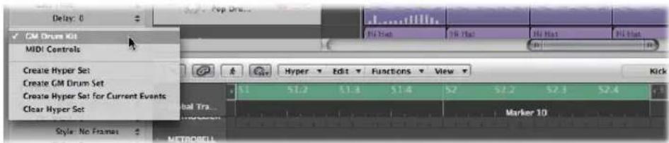 Delay: 0 CM Drum Kit MIDI Controls Create Hyper Set Create GM Drum Set Create Hyper Set for Current Events Clear Hyper Set Hyper Edit Functions View 51 51.2 51.3 51.4 52 52.2 52.3 52.4 Marker 10 Style: No Frames METROHELL