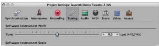 Project Settings: Seventh Demo Twenty-3 InS Synchronization Metronoma Recording Tuning Audio MIDI Score Video Assets Software Instrument Pitch Tune 0.0 cont (440,0 Hz) Software Instrument Scale