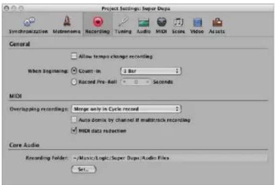 Project Settings: Super Dopa Synchronization Matronames Recording Tuning Audio MIDI Score Video Assets General Allow tempo change recording When beginning: Count-in 3 Bar Record Pre-Roll Seconds MIDI Overlapping recordings: Merge only in Cycle record Auto disk by channel if multitrack recording MIDI data reduction Core Audio Recording Folder: ~/Music/Logic/Super Dopa/Audio Files Set...