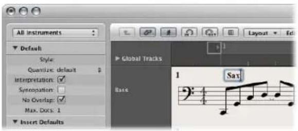 All Instruments Default Style: Quantize: default Interpretation: Syncopation: No Overlap: Max. Dots: 1 Insert Defaults Global Tracks Sax 1
