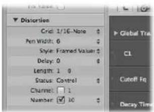 Distortion Grid: 1/16-Note Pen Width: 6 Style: Framed Value Delay: 0 Length: 1 Status: Control Channel: 1 Number: 10 Global Tra. C1 Cutoff Fq Decay Time