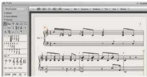 Screenshot of a musical notation software interface showing piano staff with treble and bass clefs, including dynamic markings and waveform graphs.