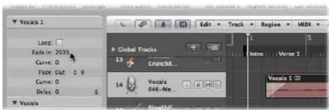 Vocals 1 Loop: Fade In: 2500 Curve: 0 Fade Out: 0 Curve: 0 Delay: 0 Vocals Edit Track Region MIDI Global Tracks 13 Crunch8... 14 Vocals 046-Me... Vocals 1 @ Intro Verse 1 BlueShif