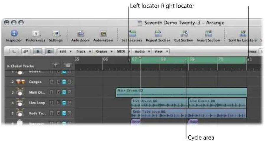 Left locator Right locator Seventh Demo Twenty-3 - Arrange Inspector Preferences Settings Auto Zoom Automation Set Locators Repeat Section Cut Section Insert Section Split by Locators S Edit Track Region MIDI Audio View Snap 55 66 67 88 69 70 Global Tracks Node L... Congua Main Dr... Live Loop Rude To... Smoother Main Drums ID Live Drums 00 Live Drums 00 Tube Loop 00 Inner Cycle area