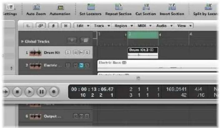 Settings Auto Zoom Automation Set Locators Repeat Section Cut Section Insert Section Split by Locat Edit Track Region MIDI Audio View Global Tracks Drum Kit Electric Bass (D) 00 : 00 : 13 : 05.47 2 1 1 1 169.0141 4/4 N 10 2 2 1 3 1 1 1 42 /16 N Output ...