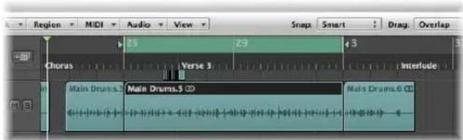 Region MIDI Audio View Snap Smart Drag: Overlap Chorus 25 29 3 Verse 3 Interlude Main Drums.5 Main Drums.5 CD Main Drums.6 CD