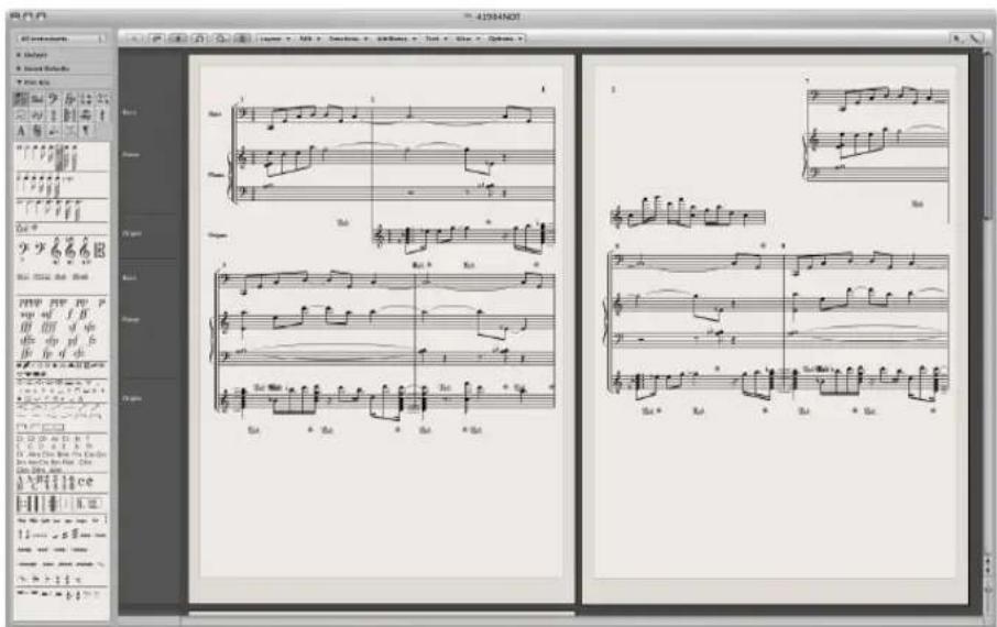 Screenshot of a music editing software interface displaying multiple sheet music with musical notations and score grids.
