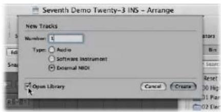 Seventh Demo Twenty-3 INS - Arrange New Tracks Numbers: 1 Type: Audio Software Instrument External MIDI Open Library Cancel Create