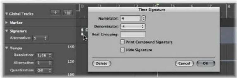 Global Tracks Marker Signature Alternative: 5 Tempo Resolution: 1/16 Alternative: 2 Quantization: Off 140 120 Time Signature Numerator: 4 Denominator: 4 Beat Grouping: Print Compound Signature Hide Signature Delete Cancel OK