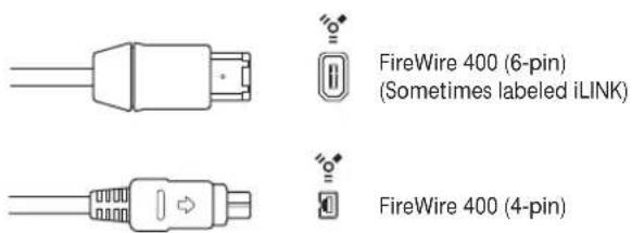 FireWire 400 (6-pin) (Sometimes labeled iLINK) FireWire 400 (4-pin)