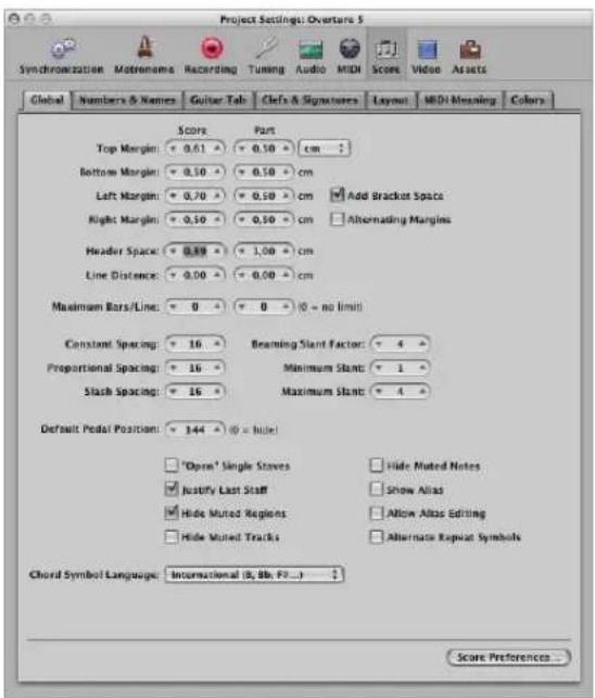 Project Settings: Overters 5 Synchronization Matenome Recording Tuning Audio MIDI Score Video Assets Global Numbers & Names Guitar Tab Clefs & Signatures Layout MIDI Meaning Colors Score Part Top Margin: +0.61 +0.50 cm Bottom Margin: +0.50 +0.50 cm Left Margin: +0.70 +0.50 cm Add Bracket Space Right Margin: +0.50 +0.50 cm Alternating Margins Header Space: +0.89 +1.00 cm Line Distance: +0.00 +0.00 cm Maximum Bars/Line: 0 0 (0 = no limit) Constant Spacing: 16 Beaming Stant Factor: 4 Proportional Spacing: 16 Maximum Stants: 1 Slash Spacing: 16 Maximum Stants: 4 Default Pedal Position: 144 (0 = hide) 'Open' Single Staves Hide Muted Notes Justify Last Staff Show Alias Hide Muted Regions Allow Atlas Editing Hide Muted Tracks Alternate Repeat Symbols Chord Symbol Language: International (B, Bb, F2...) Score Preferences...