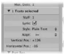 Max. Dots: 1 ▼ 1 Texts selected Staff: 1 Lyric: ✓ Style: Main Text Align: - Vertical Pos.: +126 Horizontal Pos.: -16