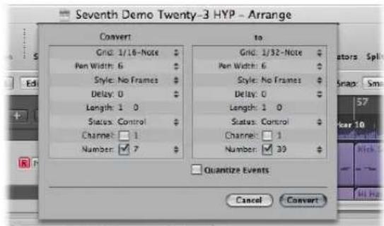 Seventh Demo Twenty-3 HYP - Arrange Convert Grid: 1/16-Note Pen Width: 6 Style: No Frames Delay: 0 Length: 1 0 Status: Control Channel: 1 Number: 7 to Grid: 1/32-Note Pen Width: 6 Style: No Frames Delay: 0 Length: 1 0 Status: Control Channel: 1 Number: 39 Quantize Events Cancel Convert