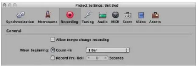 Project Settings: Untitled Synchronization Metronome Recording Tuning Audio MIDI Score Video Assets General Allow tempo change recording When Beginning: Count-in 1 Bar Record Pre-Roll 0 Seconds