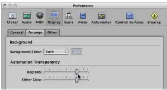 Preferences Global Audio MIDI Display Score Video Automation Control Surfaces Sharing General Arrange Other Background Background Color: Dark Automation Transparency Regions: Other Data:
