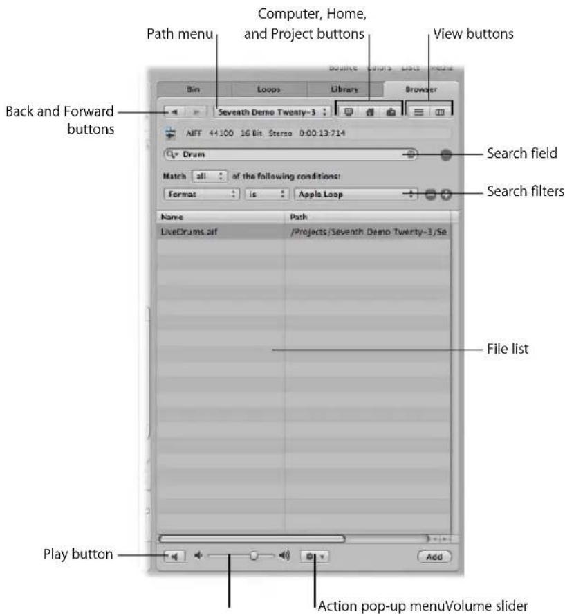 Back and Forward buttons Path menu Computer, Home, and Project buttons View buttons Search field Search filters Match all : of the following conditions: Format : is : Apple Loop Name LiveDrums Alf Path /Projects/Seventh Demo Twenty-3/Se File list Play button Action pop-up menuVolume slider