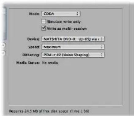 Mode: CDDA Simulate write only Write as multi-session Device: MATSHITA DVD-R UJ-65J via j : Speed: Maximum : Dithering: POW-r #2 (Noise Shaping) : Media Status: No media Requires 24.5 MB of free disk space (Time 1:38)