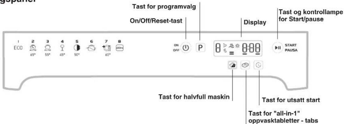 Tast for programvalg On/Off/Reset-tast Display Tast og kontrollampe for Start/pause Tast for halvfull maskin Tast for utsatt start Tast for "all-in-1" oppvasktabletter - tabs