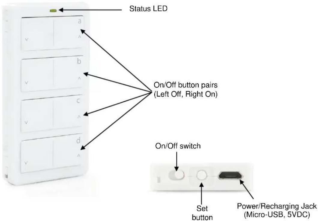 Status LED a v b v c v d v On/Off button pairs (Left Off, Right On) On/Off switch Set button Power/Recharging Jack (Micro-USB, 5VDC)