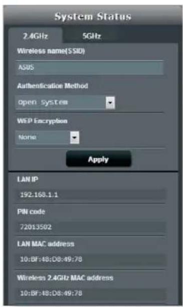 System Status 2.4GHz 5GHz Wireless name(SSID) ASUS Authentication Method Open System WEP Encryption None Apply LAN IP 192:168.1.1 PIN code 72013502 LAN MAC address 10:BF:48:D8:49:78 Wireless 2.4GHz MAC address 10:BF:48:D8:49:78