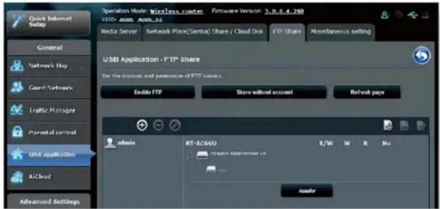 Operation Mode: Wireless router Firmware Version: 3.0.0.4.269 GSTD: ASMS ASML_SC Media Server Network Place(Samba) Share / Cloud Disk FTP Share Miscellaneous setting General Network Map Guest Network Traffic Manager Parental control USB application AiCloud Advanced Settings USB Application - FTP share Set the protocol and permission of FTP services Enable FTP Share without account Refresh page admin RT-AC6GU R/W W R No Internet Destination 2.0 Adder