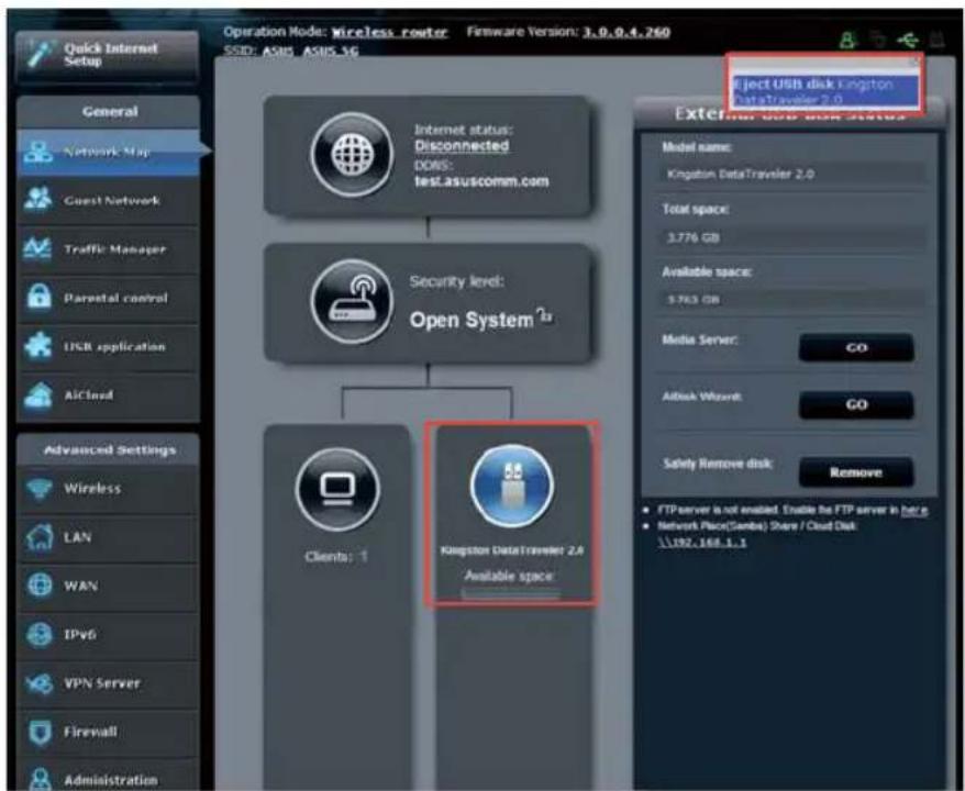 Operation Mode: Wireless router Firmware Version: 3.0.0.4.260 SDD: ASIS ASIS 5G Quick Internet Setup General Network Map Client Network Traffic Manager Parental control USB application AIClind Advanced Settings Wireless LAN WAN IPv6 VPN Server Firewall Administration Internet status: Disconnected DONS: test.asuscomm.com Security level: Open System Clients: 1 Kingston Data Traveler 2.0 Available space Exfer USB disk Kingston Data Traveler 2.0 Model name: Kingston Data Traveler 2.0 Total space: 3.776 GB Available space: 9.763 GB Media Server: GO Attack Wizard: GO Safety Remove disk: Remove FTP server is not enabled. Enable the FTP server in here. Network Floor(Samba) Share / Cloud Disk \1192.168.1.1