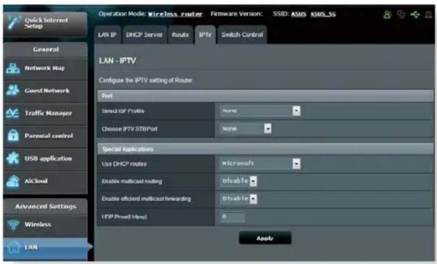 Operation Mode: Wireless router Firmware Version: SSID: ASMS ASMS_5G LAN IP DHCP Server Route IPTV Switch Control LAN - IPTV Configure the IPTV setting of Router Port Select ISP Provider None Choose IPTV STB Port None Special Applications Use DHCP routes Microsoft Enable multicast routing Disable Enable efficient multicast forwarding Disable UDP Power(0.12px) 0 Apply