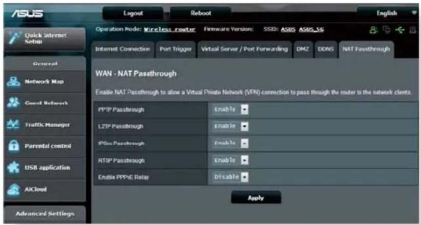 ASUS Layout Reboot English Operation Mode: Wireless router Firmware Version: SSD: ASIS ASIS SG Internet Connection Port Trigger Virtual Server / Port Forwarding DM2 DONS NAT Passthrough WAN - NAT Passthrough Enable NAT Passthrough to allow a Virtual Private Network (VFR) connection to pass through the router to the network clients. PPSP Passthrough Enable LZFP Passthrough Enable IPSec Passthrough Enable RTSP Passthrough Enable Enable PPPe Relay Disable Apply Quick Internet Network General Network Map Counst Network Traffic Manager Parental control USB application AICloud Advanced Settlegs