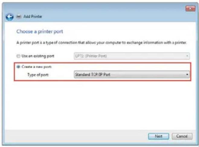 Add Printer Choose a printer port A printer port is a type of connection that allows your computer to exchange information with a printer. Use an existing port: LPT1: (Printer Port) Create a new port: Type of port: Standard TCP/IP Port Next Cancel