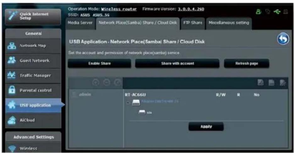 Quick Internet Setup General Network Map Guest Network Traffic Manager Parental control USB application AICloud Advanced Settings Wireless Operation Mode: Wireless router Firmware Version: 3.0.0.4.210 SSID: ASUS ASUS SS Media Server Network Place(Samba) Share / Cloud Disk FTP Share Miscellaneous setting USB Application - Network Place(Samba) Share / Cloud Disk Set the account and permission of network place(samba) service Enable Share Share with account Refresh page admin RT-AC66U R/W R No Apply