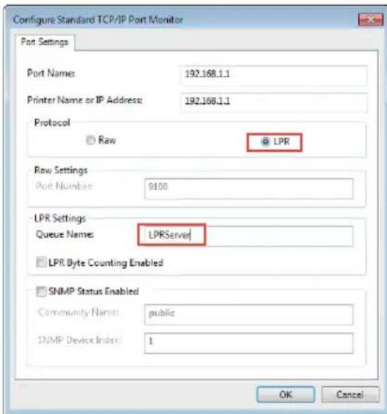 Configure Standard TCP/IP Port Monitor Port Settings Port Name: 192.168.1.1 Printer Name or IP Address: 192.168.1.1 Protocol Raw LPR Raw Settings Port Number: 9100 LPR Settings Queue Name: LPRServer LPR Byte Counting Enabled SNMP Status Enabled Community Name: public SNMP Device Index: 1 OK Cancel