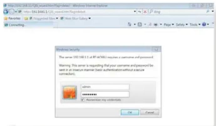 http://193.168.1.1/QIS_ward.html?tagdetacl - Windows Internet Explorer https://192.1681.1/QIS_ward.html?tagdetacl Favorites Suggested Films Web Slur Galaxy Connecting... Windows Security The server 193.168.1.1 at RT-AC/66/2 requires a username and password. Warning: This server is requesting that your username and password be sent in an insecure manner (basic authentication without a secure connection). admin ********** Remember my credentials OK Cancel