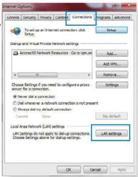 Internet Options General Security Privacy Control Connections Programs Advanced To set up an Internet connection, click Setup. Setup Dial-up and Virtual Private Network settings Access3D Network Resources - Go to vpn.as Add... Add VPN... Remove... Choose Settings if you need to configure a proxy server for a connection. Never dial a connection Dial whenever a network connection is not present Always dial my default connection Current None Set default Local Area Network (LAN) settings LAN Settings do not apply to dial-up connections. Choose Settings above for dial-up settings. LAN settings OK Cancel Apply
