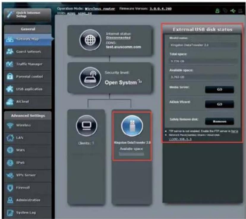 Operation Mode: Wireless router Firmware Version: 3.0.0.4.210 Internet status: Disconnected DONE: test.atuscomm.com Security level: Open System 2a Clients: 1 Kingston DataTraveler 2.0 Available space Advanced Settings Wireless LAN WAN IPv6 VPN Server Firewell Administration System Log External USB disk status Model name: Kingston DataTraveler 2.0 Total space: 3.776 GB Available space: 3.763 GB Media Server: GO Add Disk Wizard: GO Safety Remove disk: Remove FTP server is not enabled. Ensure the FTP server in here Network Port/Clamping Share / Cloud Disk. \1392-318.1-3