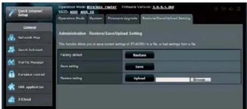 Quick Internet Setup General Net work Map Gross Network Trad Tfc Manager Parented Control USB Application ACloud Operation Mode: Wireless Cracker SSID: A005 A006.16 Operation Mode System Firewalls Upgrade Restore/Save/Upload Setting Administration - Restore/Save/Upload Setting This function allows you to save current settings of RT-ACOSU to a file, or bad settings from a file. Factory default Restore Save setting Save Restore setting Upload Options