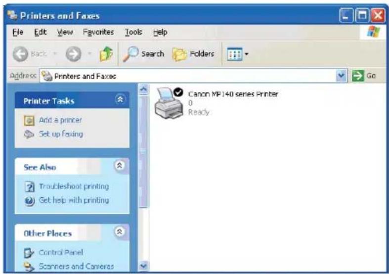 Printers and Faxes File Edit View Favorites Tools Help Back Search Folders Address Printers and Faxes Go Printer Tasks Add a printer Set up faxing See Also Troubleshoot printing Get help with printing Other Places Control Panel Scanners and Cameras Canon MP140 series Printer 0 Ready