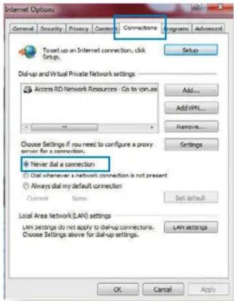Internet Options General Security Privacy Content Connections Programs Advanced To set up an Internet connection, click Setup. Setup Dial-up and Virtual Private Network settings Access RD Network Resources - Go to vpn.as Add... Add VPN... Remove... Choose Settings if you need to configure a proxy server for a connection. Settings Never dial a connection Dial whenever a network connection is not present Always dial my default connection Current Name Set default Local Area Network (LAN) settings LAN Settings do not apply to dial-up connections. Choose Settings above for dial-up settings. LAN settings OK Cancel Apply