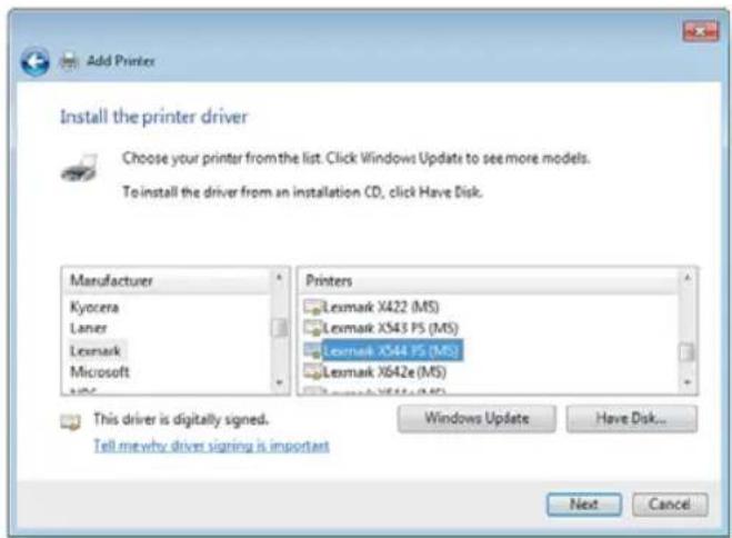 Add Printer Install the printer driver Choose your printer from the list. Click Windows Update to see more models. To install the driver from an installation CD, click Have Disk. Manufacturer Kyocera Laner Lexmark Microsoft Printers Lexmark X422 (MS) Lexmark X543 P5 (MS) Lexmark X544 P5 (MS) Lexmark X642e (MS) This driver is digitally signed. Tell me why driver signing is important Windows Update Have Disk... Next Cancel