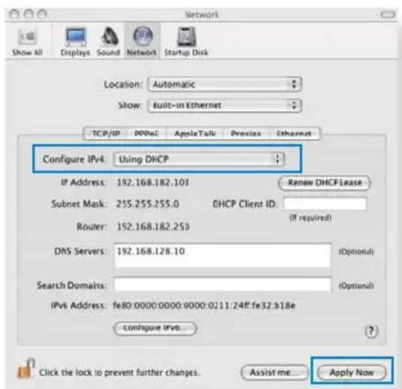 Network Show All Displays Sound Network Startup Disk Location: Automatic Show: Built-in Ethernet TCP/IP PPPoC AppleTalk Pressio Ethernet Configure IPv4: Using DHCP IP Address: 192.168.182.101 Subnet Mask: 255.255.255.0 Router: 192.168.182.250 DNS Servers: 192.168.128.10 DHCP Client ID: (If required) Search Domains: IPv6 Address: fe80:0000:0000:0000:0211:24ff:fe32:b1Be Configure IPv4... Click the lock to prevent further changes. Assist me... Apply Now