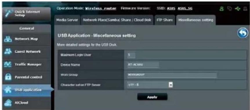 Quick Internet Setup General Network Map Guest Network Traffic Manager Parental control USB application AiCloud Operation Mode: Wireless router Firmware Version: SSID: ASIS ASIS_3G Media Server Network Place(Samba) Share / Cloud Disk FTP Share Miscellaneous setting USB Application - Miscellaneous setting More detailed settings for the USB Disk. Maximum Login User Device Name RT-ACMID Work Group WORKGROUP Character set on FTP server LTP - 8 Apply