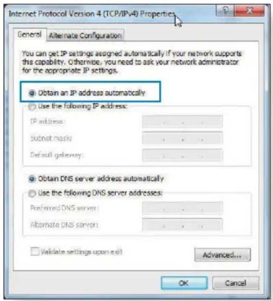 Internet Protocol Version 4 (TCP/IPv4) Properties General Alternate Configuration You can get IP settings assigned automatically if your network supports this capability. Otherwise, you need to ask your network administrator for the appropriate IP settings. Obtain an IP address automatically Use the following IP address: IP address: ... Subset mask: ... Default gateway: ... Obtain DNS server address automatically Use the following DNS server addresses: Preferred DNS server: ... Alternate DNS server: ... Validate settings upon exit Advanced... OK Cancel