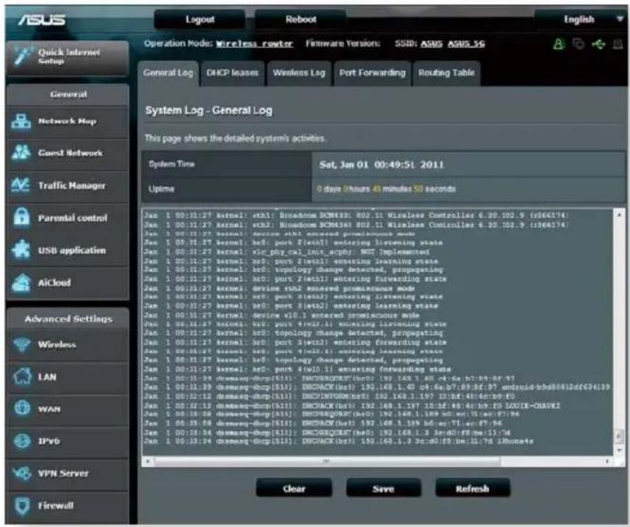 ASUS Logout Reboot English Operation Mode: Wireless router Firmware Version: SSID: ASUS ASUS_5G General Log DHCP leases Wireless Log Port Forwarding Routing Table System Log - General Log This page shows the detailed system's activities. System Time Sat. Jan 01 00:49:51 2011 Uptime 0 days 0 hours 40 minutes 50 seconds Jan 1 00:11:27 kernel: sthl: Broadome BCM333: 802.11 Wireless Controller 6.30.102.9 (s864174) Jan 1 00:11:27 kernel: sthl: Broadome BCM343: 802.11 Wireless Controller 6.30.102.9 (s864174) Jan 1 00:11:27 kernel: device sthl emerged promiscuous mode Jan 1 00:11:27 kernel: brD: port 2(sthl) entering listening state Jan 1 00:11:27 kernel: xlc_phy_cal_init_arphy: BOT Implemented Jan 1 00:11:27 kernel: brD: port 2(sthl) entering learning state Jan 1 00:11:27 kernel: brD: topology change detected, propagating Jan 1 00:11:27 kernel: brD: port 2(sthl) entering forwarding state Jan 1 00:11:27 kernel: device sthl emerged promiscuous mode Jan 1 00:11:27 kernel: brD: port 2(sthl) entering listening state Jan 1 00:11:27 kernel: brD: port 2(sthl) entering learning state Jan 1 00:11:27 kernel: device stl.1 entered promiscuous mode Jan 1 00:11:27 kernel: brD: port 4(wl.1) entering forwarding state Jan 1 00:11:27 kernel: brD: topology change detected, propagating Jan 1 00:11:27 kernel: brD: port 2(wl.2) entering forwarding state Jan 1 00:11:27 kernel: brD: port 4(wl.2) entering learning state Jan 1 00:11:27 kernel: brD: topology change detected, propagating Jan 1 00:11:27 kernel: brD: port 4(wl.1) entering forwarding state Jan 1 00:11:39 damaag-dorp(5l3) : DHCP/DRMTR(bcl) : 192.148.1.40 c4:c4:b7:c9:c9-AY-97 Jan 1 00:11:39 damaag-dorp(5l3) : DHCP/brd(5cl) : 192.148.1.40 c4:c4:b7:c9:c9-AY-97 android-bdb88882dfC34c59 Jan 1 00:12:12 damaag-dorp(5l3) : DHCP/DRMTR(bcl) : 192.148.1.40 c4:c4:b7:c9:c9-AY-97 Jan 1 00:12:12 damaag-dorp(5l3) : DHCP/brd(5cl) : 192.148.1.40 c4:c4:b7:c9:c9-AY-97 Jan 1 00:13:06 damaag-dorp(5l3) : DHCP/BRMTR(bcl) : 192.148.1.40 b6:c9:c9-AY-97,i6:c9-AY-96 Jan 1 00:13:06 damaag-dorp(5l3) : DHCP/brd(5cl) : 192.148.1.40 b6:c9:c9-AY-97,i6:c9-AY-96 Jan 1 00:13:34 damaag-dorp(5l3) : DHCP/BRMTR(bcl) : 192.148.1.40 b6:c9:c9-AY-97,i6:c9-AY-96 Jan 1 00:13:34 damaag-dorp(5l3) : DHCP/brd(5cl) : 192.148.1.40 b6:c9:c9-AY-97,i6:c9-AY-96 Clear Save Refresh
