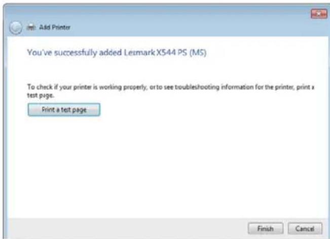 Add Printer You've successfully added Lexmark X544 PS (MS) To check if your printer is working properly, or to see troubleshooting information for the printer, print a test page. Print a test page Finish Cancel